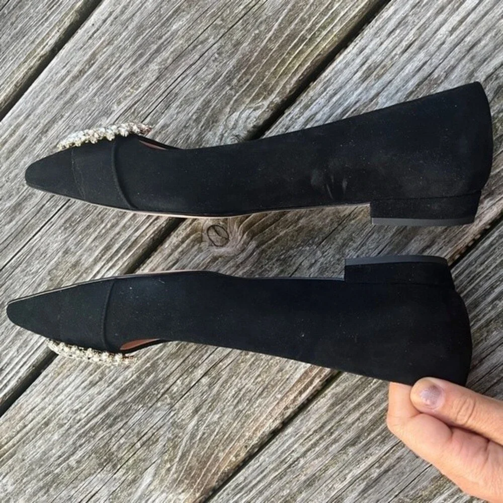 J.Crew Pointed Toe Suede Flats with Crystal Buckle Details in Black 7 NWOB
